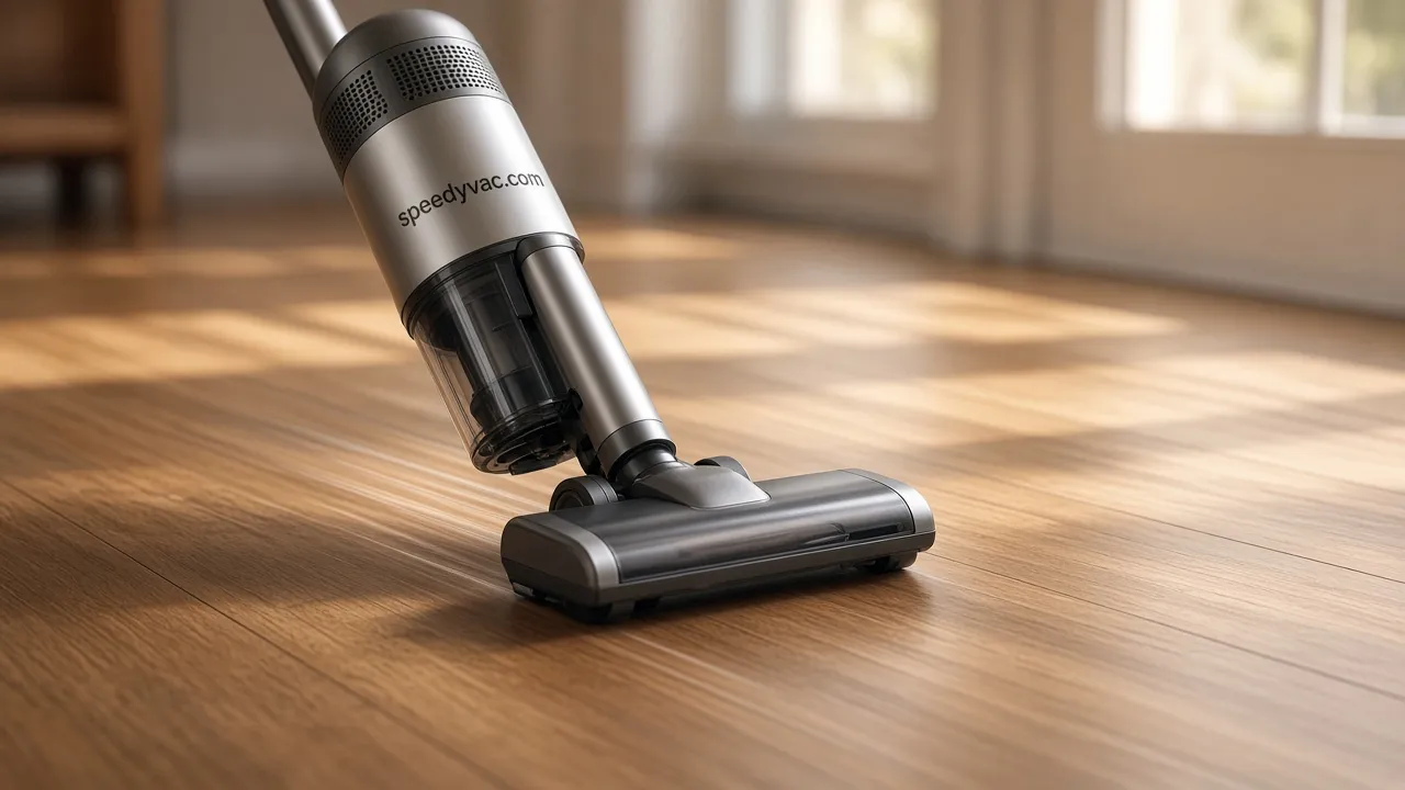 Cordless stick vacuum on a sunlit hardwood floor with "speedyvac.com" printed on its body.
