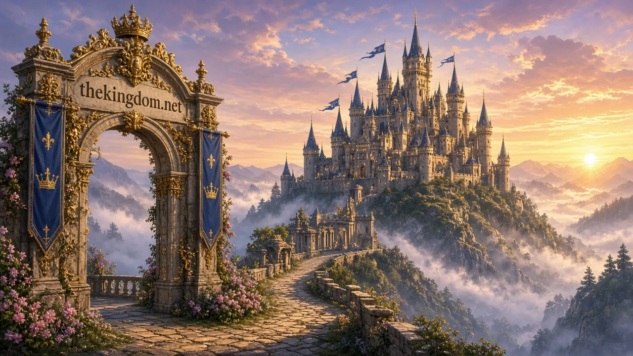 Fairytale castle on a misty hill at sunrise seen through an ornate stone archway carved "thekingdom.net".