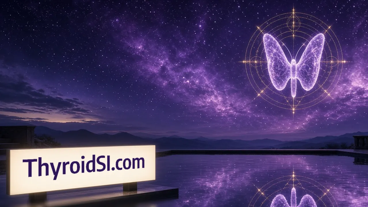 ThyroidSI.com, set on a small cream lightbox on the near shore, faces a violet butterfly-shaped thyroid glowing in a fine gold ring above a still night lake.