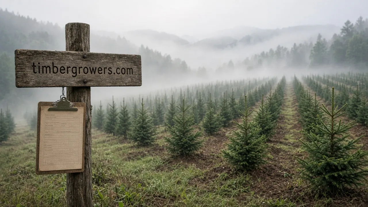 Rows of young pine trees on foggy hills, a rustic wooden sign with a hanging clipboard reading timbergrowers.com