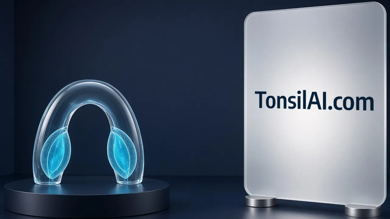 Two blue glass tonsils sit in a clear arched frame on a black base. The tall frosted panel at right, lit from behind, carries the name TonsilAI.com.