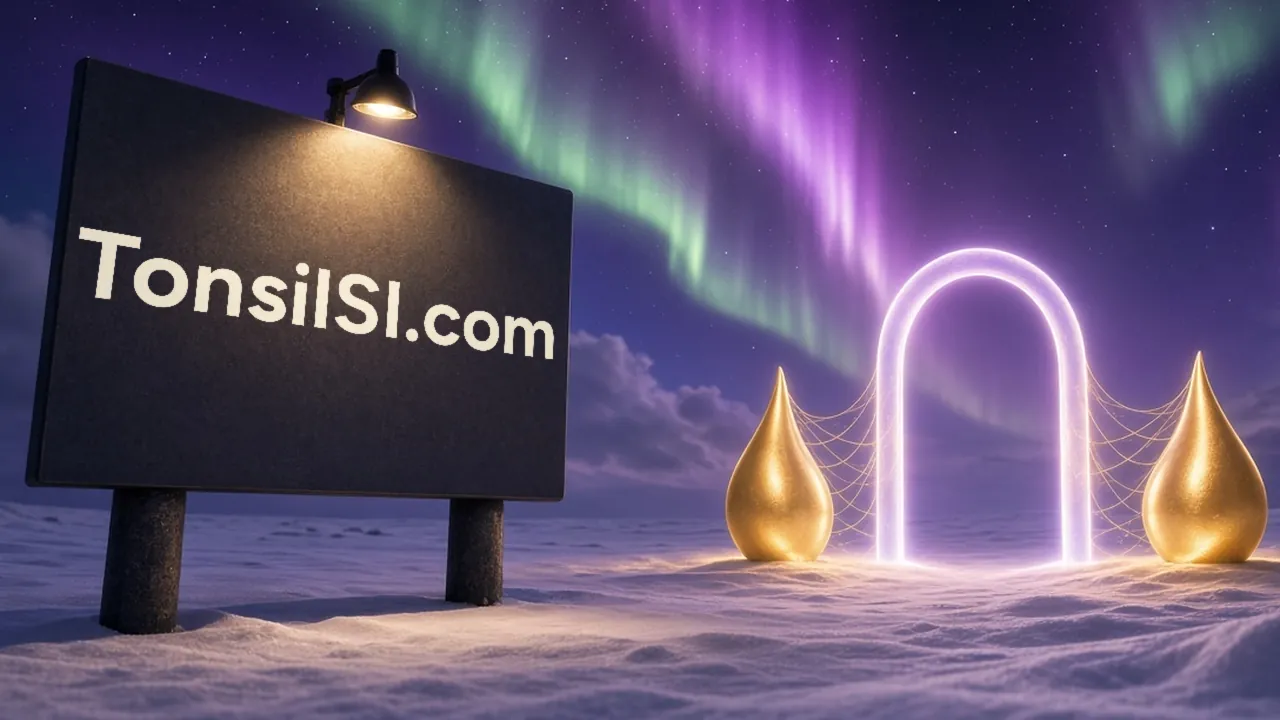 TonsilSI.com stands out in white on a black spotlit billboard at left; under green and violet aurora, two gold teardrop tonsils flank a glowing arch in the snow.