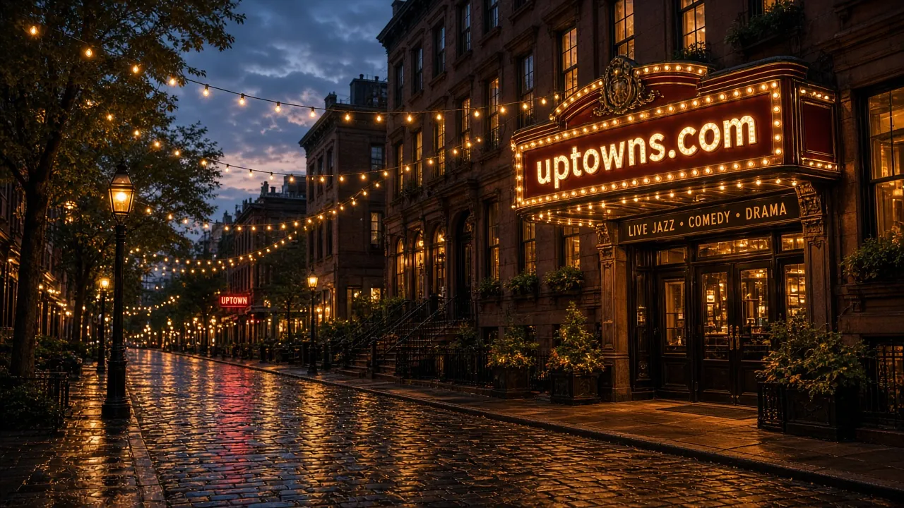Uptown street of brownstones at dusk with a theater marquee lit up with "uptowns.com".