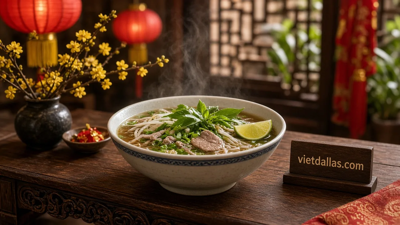 Steaming bowl of pho with herbs and lime, red lanterns and yellow blossoms behind, and a table sign reading "vietdallas.com".