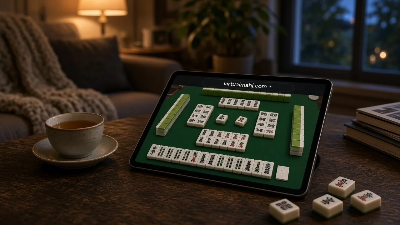 Tablet showing an online mahjong table headed "virtualmahj.com", with real tiles and a cup of tea on a coffee table.