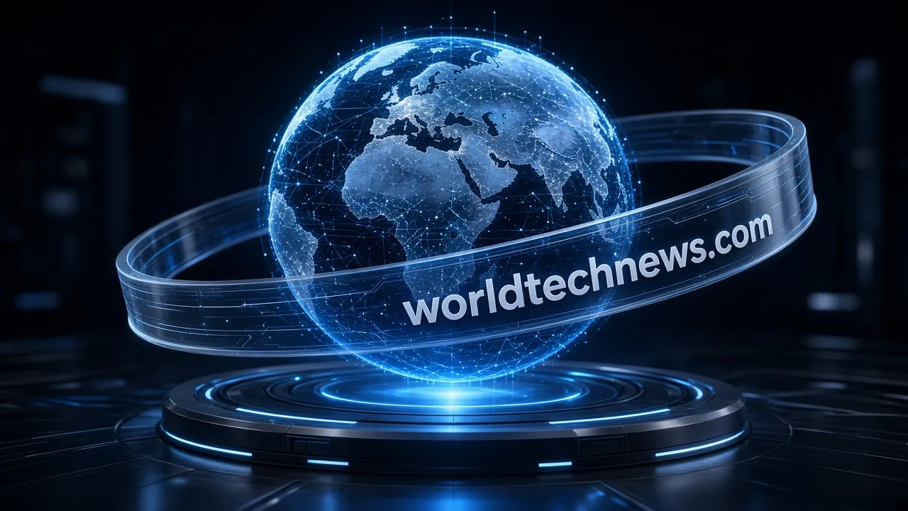 Holographic globe laced with circuit lines, circled by a transparent ribbon display reading "worldtechnews.com".